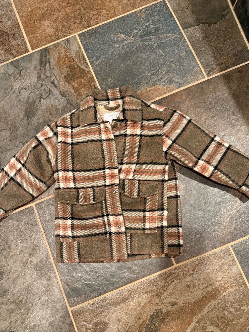 Zara Kids Olive Plaid Button-Up Shacket